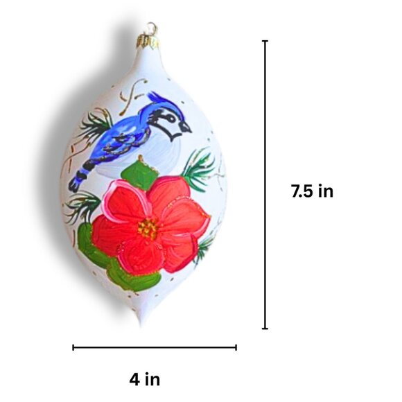 Large Hand-Painted Glass Christmas Ornament Blue Jay Poinsettia White Teardrop - Picture 4 of 7